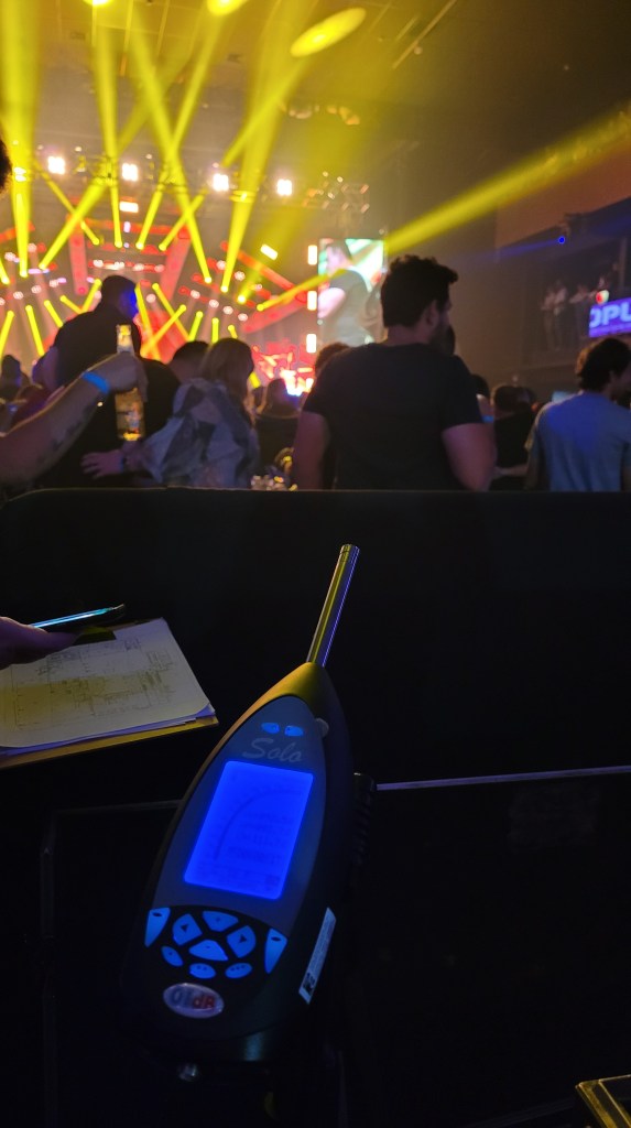 Imagem de sonômetro realizando a medição sonora ambiental em Casa de Eventos